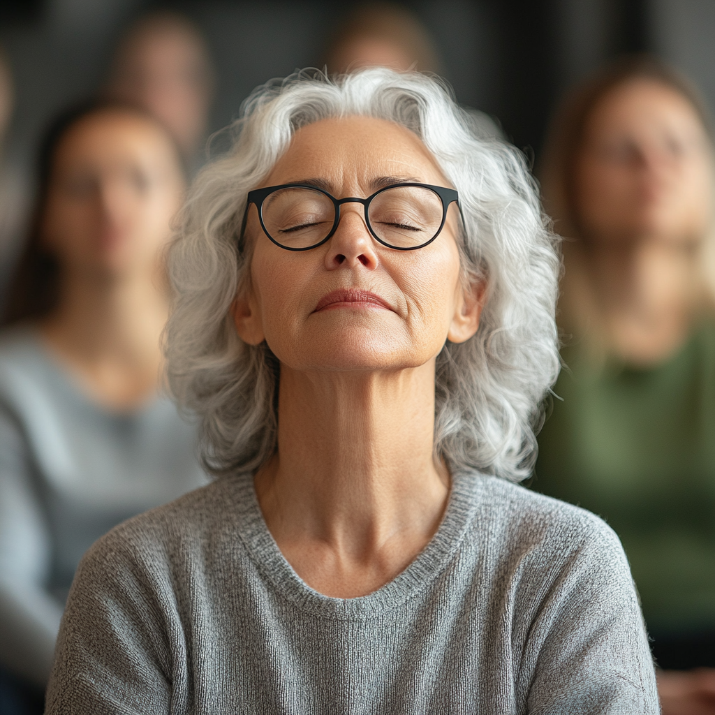 Възрастна жена практикува йога в спокойна обстановка
