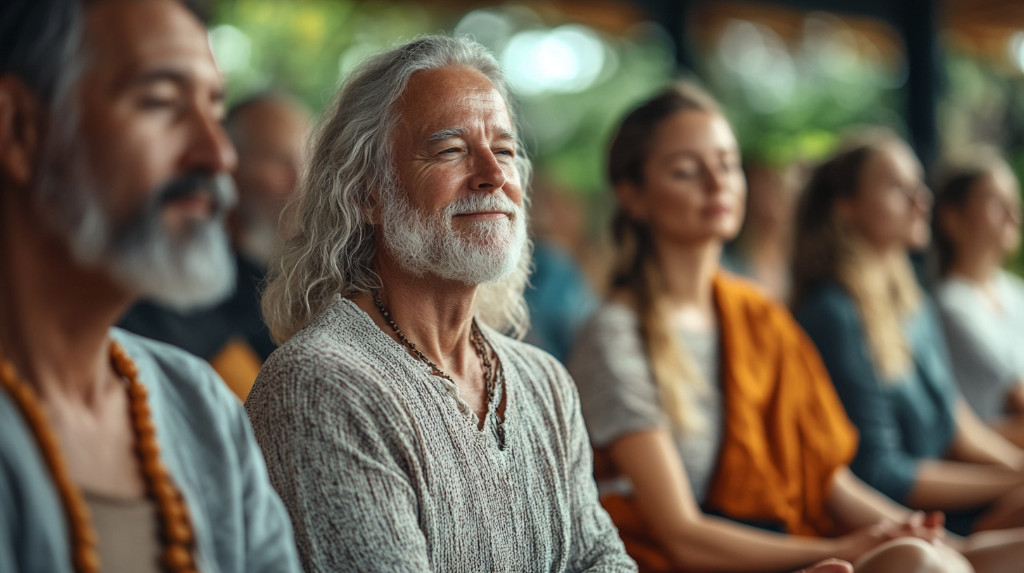 Група възрастни хора практикуват йога заедно