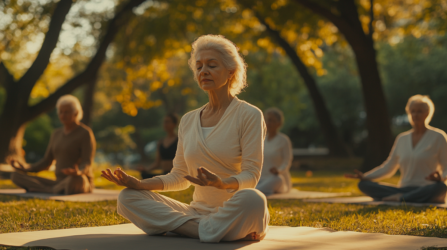 Спокойна атмосфера в йога студиото с възрастни практикуващи